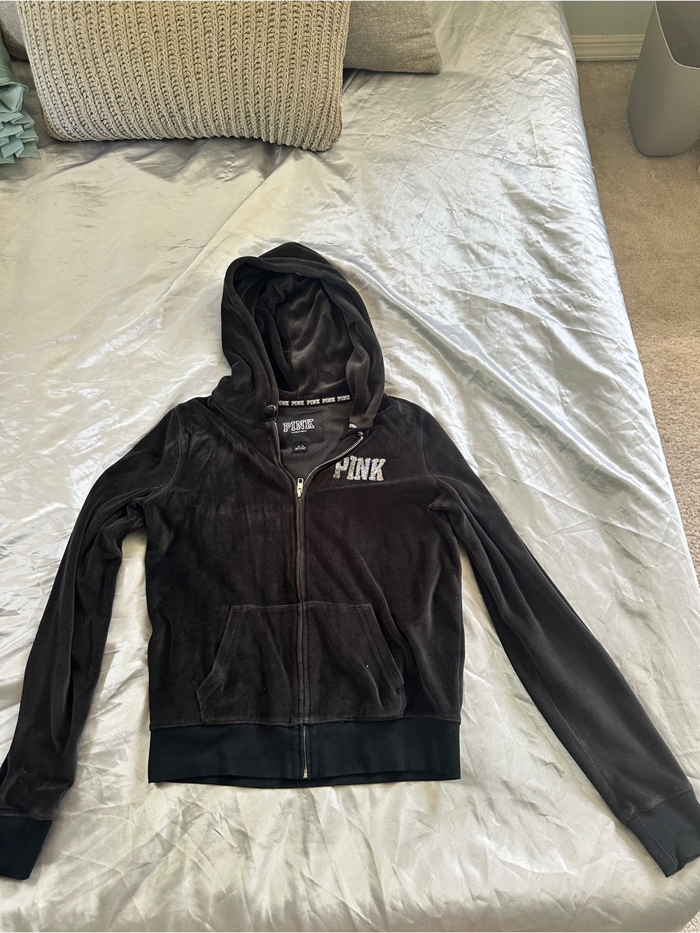 PINK Victoria's Secret Black Velour Zip-Up Hoodie